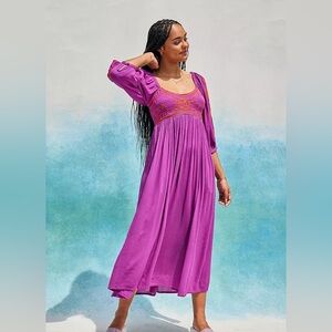 Free people Purple Embroidered Babydoll Midi Dress